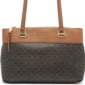 Calvin Klein Signature Monogram Tote Bag Brown Tan CK Shoulder Bag
